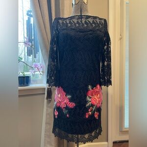 Tahari ASL Black Lace Dress with Pink Floral Embroidery